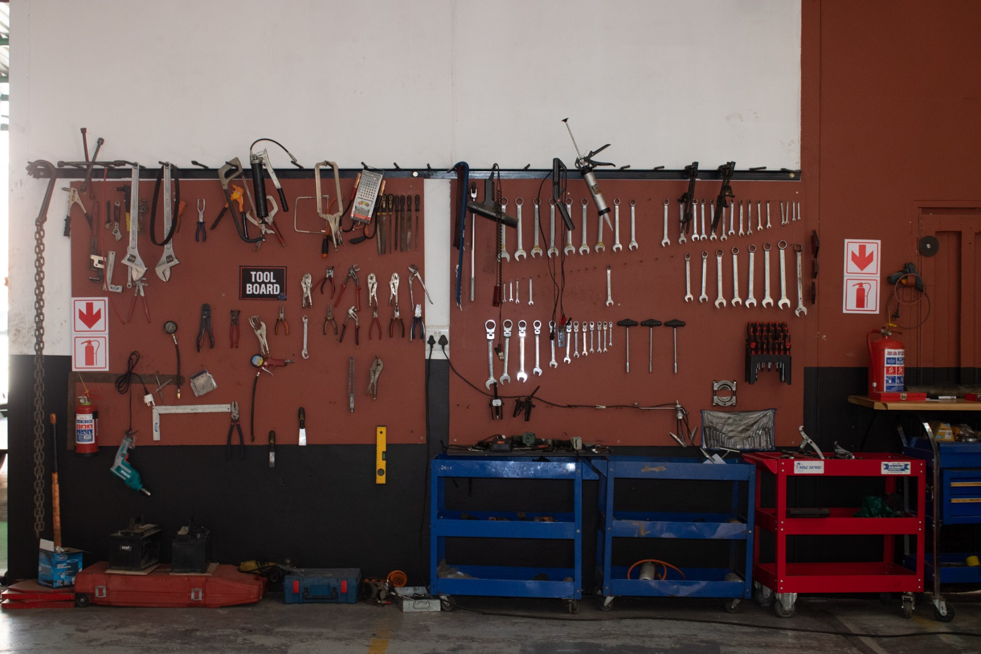 Organised tool board with spanners, pliers and workshop tools