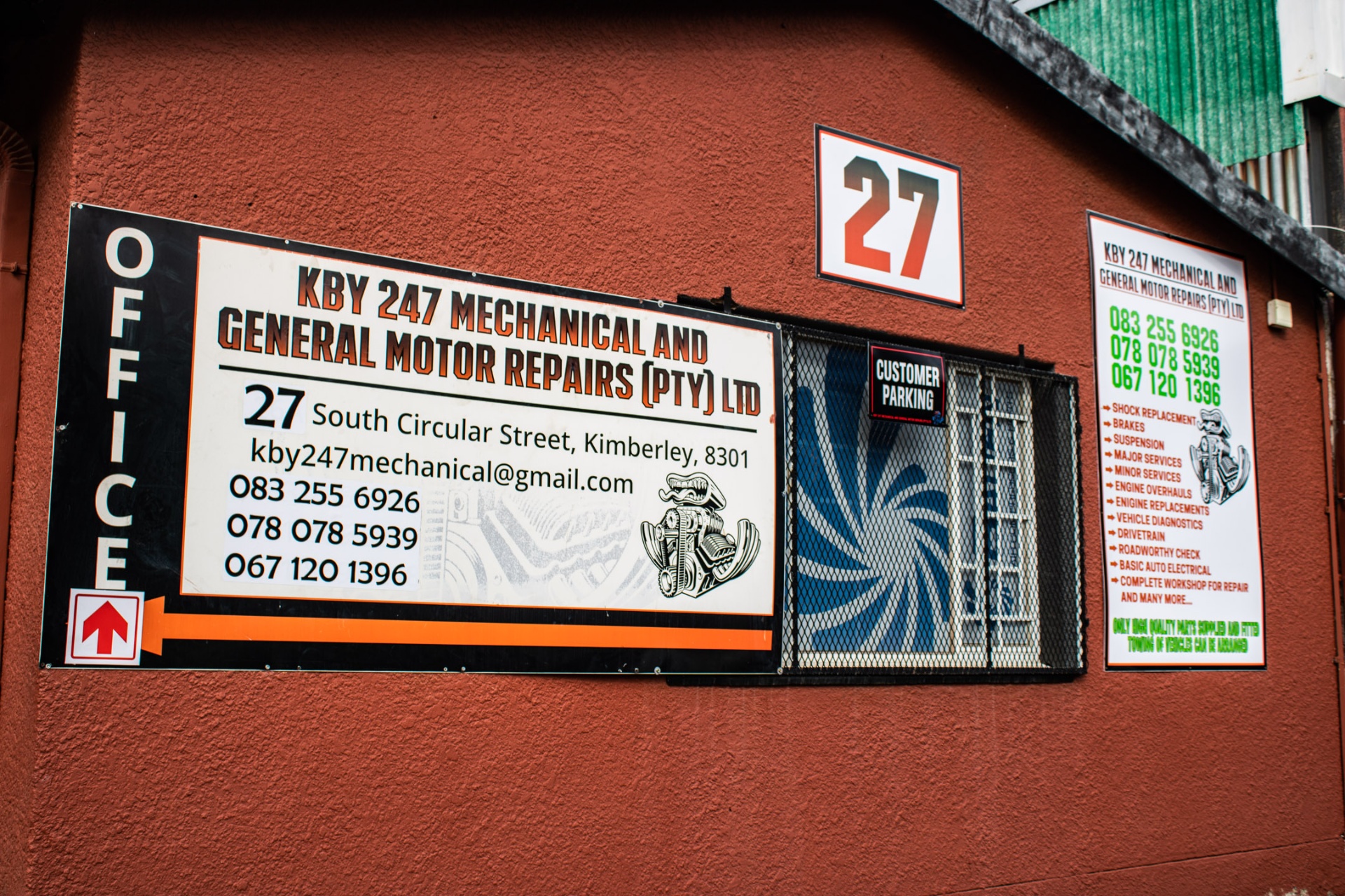 KBY 247 Mechanical and General Motor Repairs signage and service list